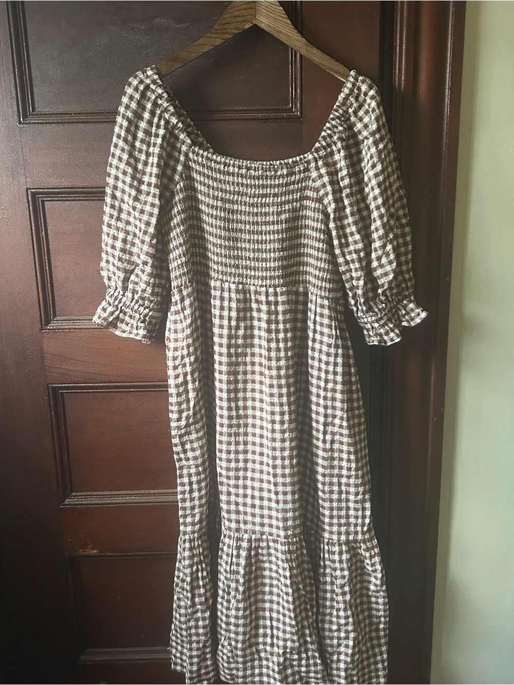 Madewell Lucie Brown Gingham Ruffle Sleeve Midi Dress Size Medium - Picture 5 of 8